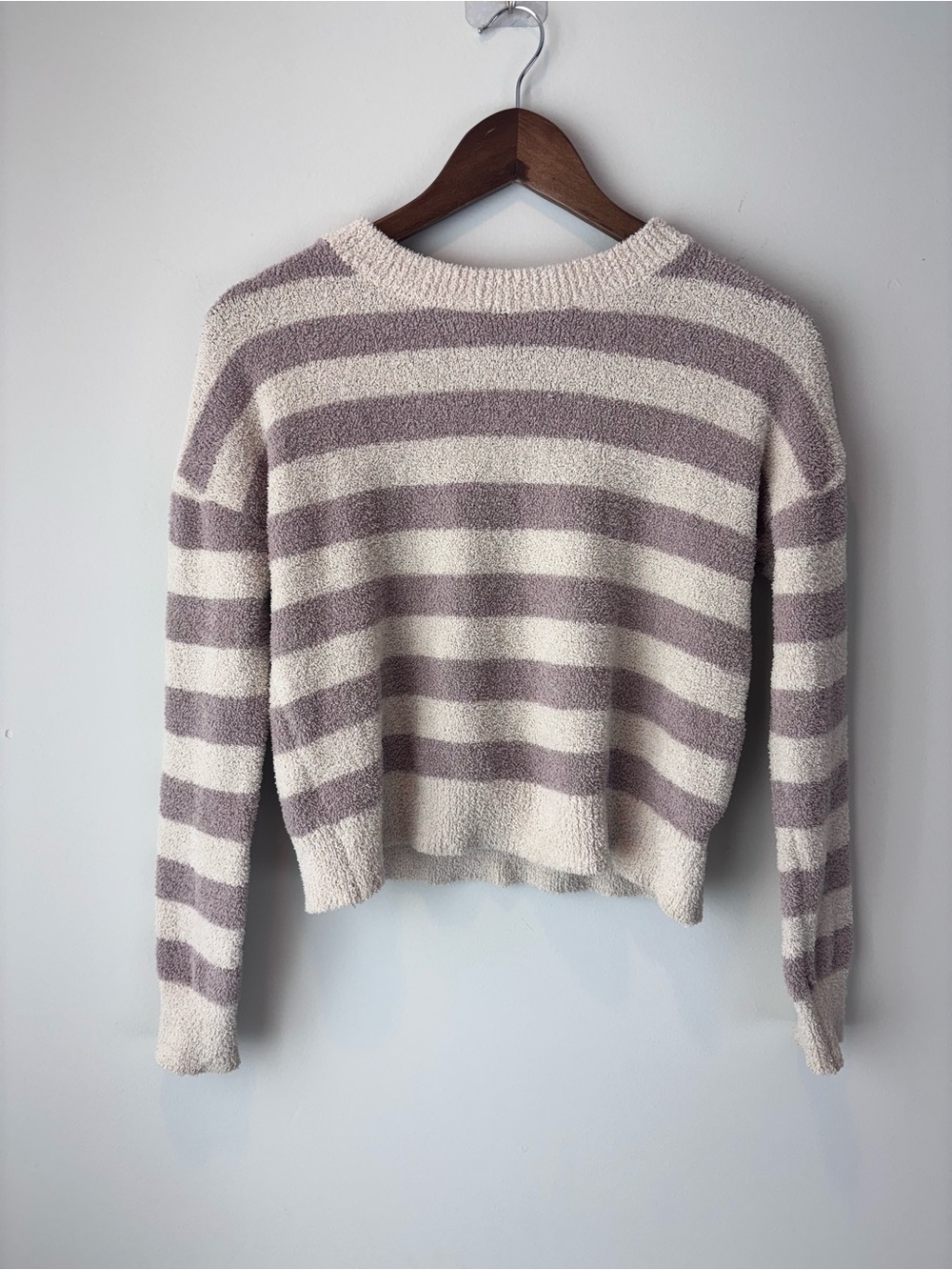Thread & Supply That Cozy Life Fuzzy Striped Crewneck Sweater XS Taupe Cream